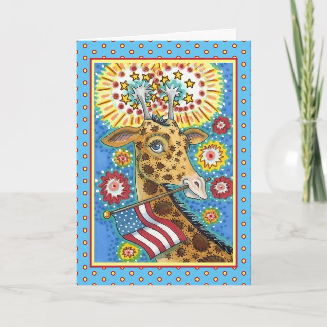 Tarjeta Festiva 4 DE JULIO PATRIOTA GIRAFFE Y FIREWORKS Cuestan Di (Anverso)