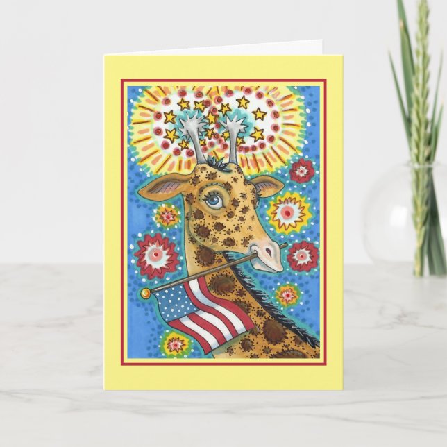 Tarjeta Festiva 4 DE JULIO PATRIOTA GIRAFFE Y FIREWORKS Cute Diver (Anverso)