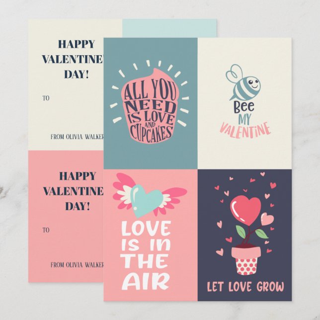 Tarjeta Festiva 4 en 1 aula personalizada para niños San Valentín (Anverso / Reverso)