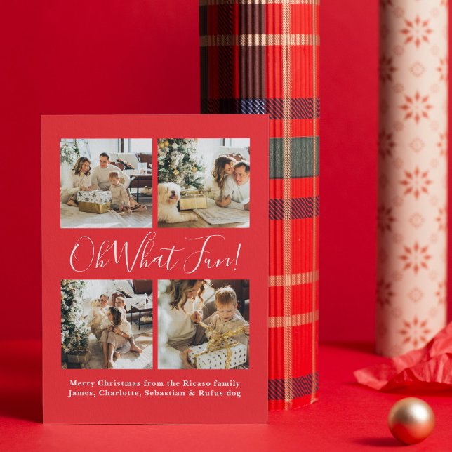 Tarjeta Festiva 4 Foto oh Qué Navidades nórdicos divertidos (4 Photo oh What Fun Nordic Christmas Holiday Card by Ricaso, with Christmas tree  pattern on back)