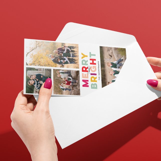 Tarjeta Festiva 4 fotos moro brillante y colorido (skinny format Christmas holiday four photo card with merry and bright message in red, pink, purple)