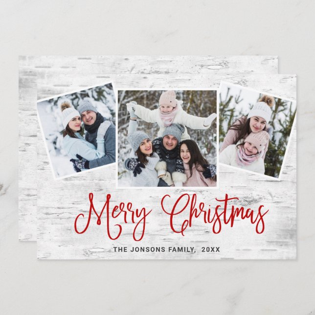 Tarjeta Festiva 4 Navidades de FOTO Saludo Rústico de Birch Bark (Anverso / Reverso)