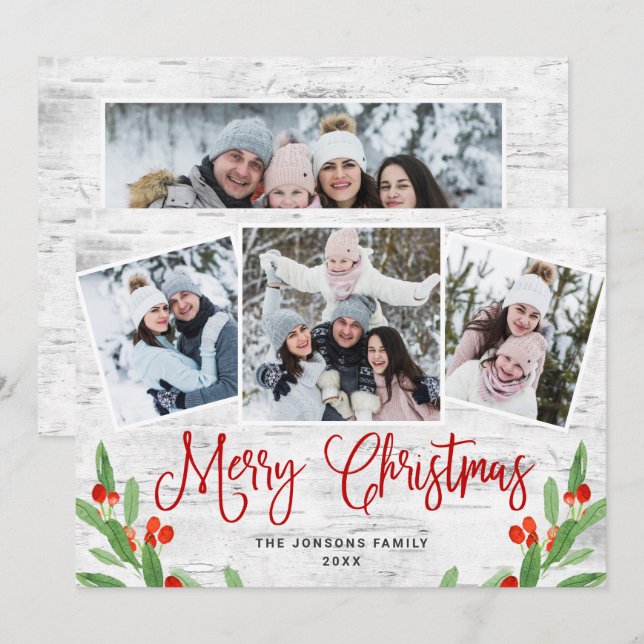 Tarjeta Festiva 4 Navidades de FOTO Saludo Rústico de Birch Bark (Anverso / Reverso)
