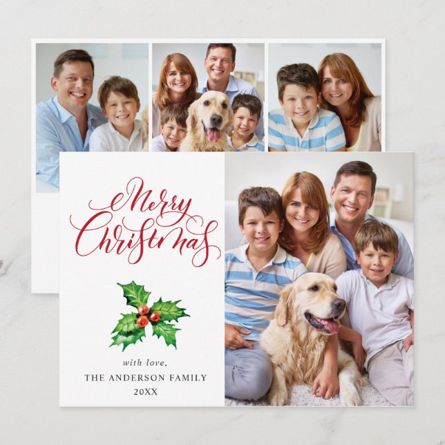 Tarjeta Festiva 4 Navidades de la foto de Holly Berry Mistletoe sa (Anverso / Reverso)