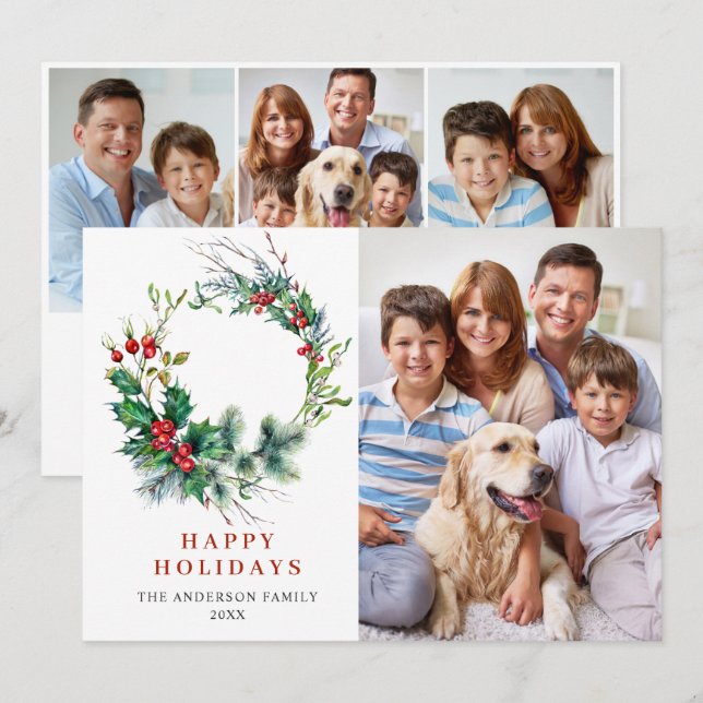 Tarjeta Festiva 4 Navidades de Wreath de la FOTO Holly Berry salud (Anverso / Reverso)