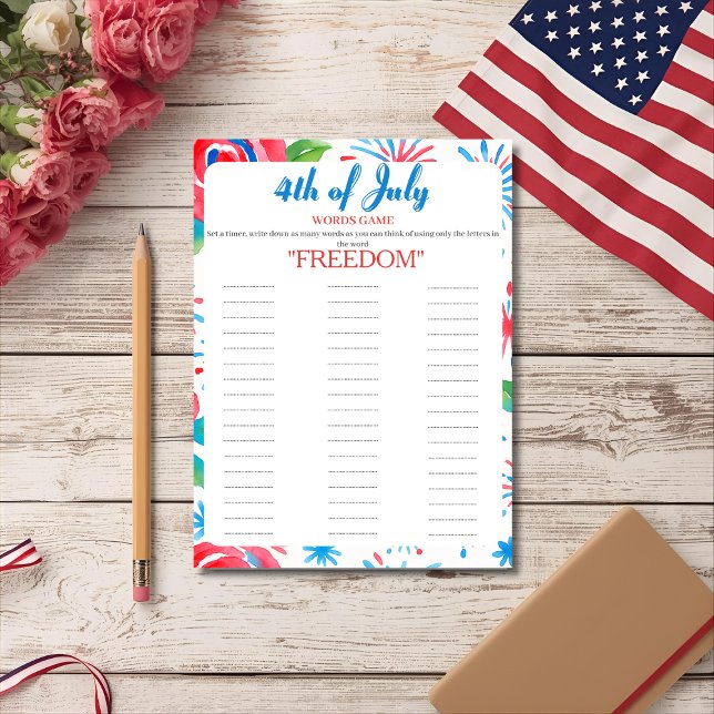 Tarjeta Festiva 4th of July Indepence day floral Words game card (4th of July Indepence day floral Words game card)