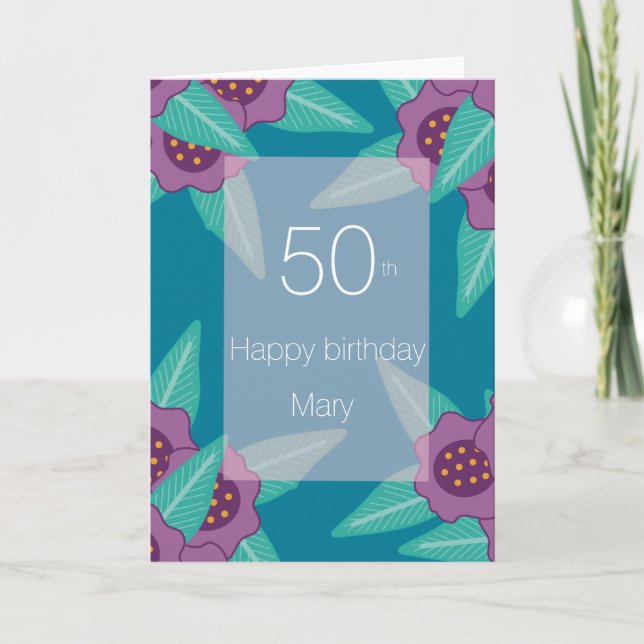 Tarjeta Festiva 50 feliz cumpleaños floral azul turquesa moderno (Anverso)