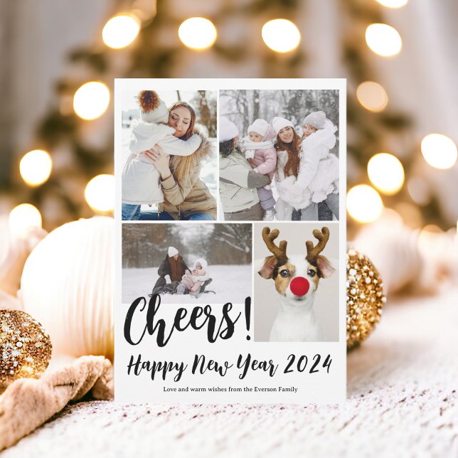 Tarjeta Festiva 5 fotos modernas animadores Feliz año nuevo 2024 (Modern 5 photos cheers Happy new year 2024 Holiday Card)
