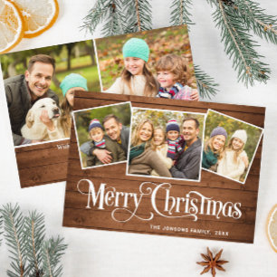 Tarjeta Festiva 5 Navidades de FOTO Saludo de madera marrón rústic