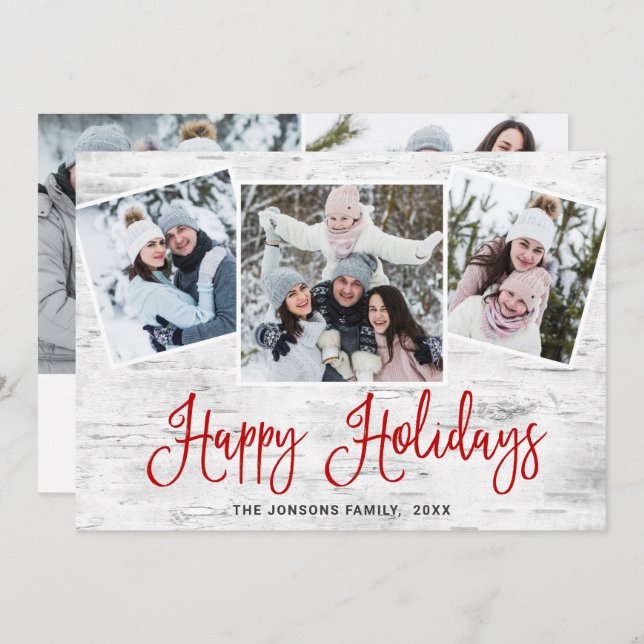 Tarjeta Festiva 5 Navidades de FOTO Saludo Rústico de Birch Bark (Anverso / Reverso)