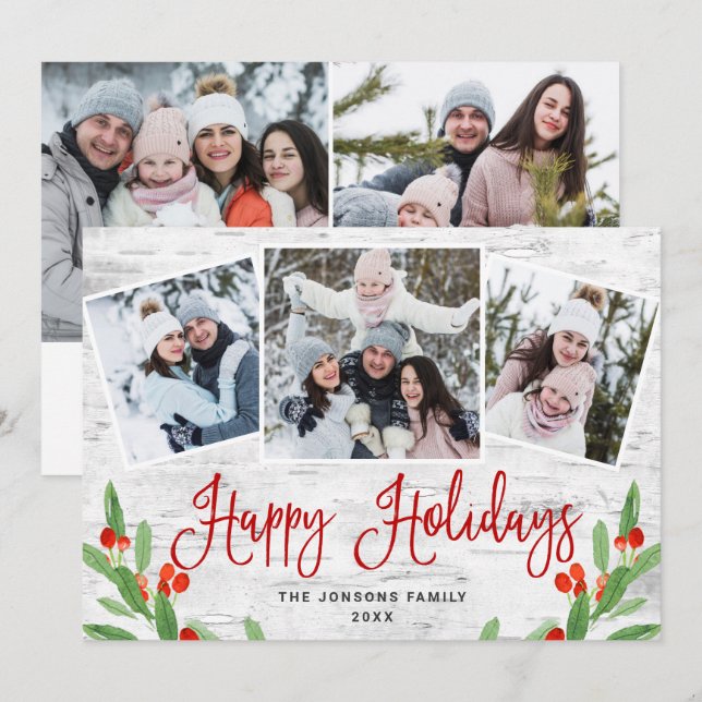 Tarjeta Festiva 5 Navidades de FOTO Saludo Rústico de Birch Bark (Anverso / Reverso)