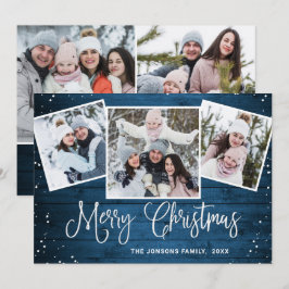 Tarjeta Festiva 5 Navidades de FOTO Saludo Rústico de Madera Azul