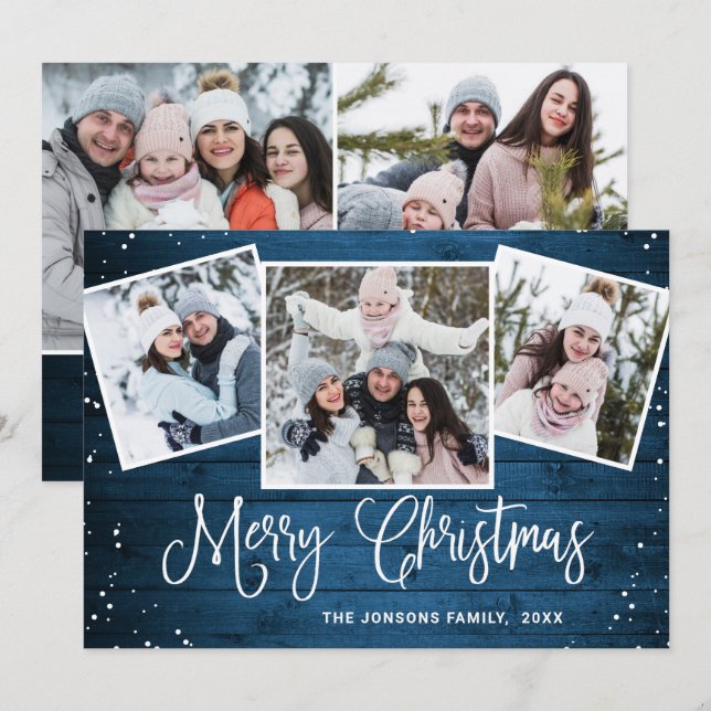Tarjeta Festiva 5 Navidades de FOTO Saludo Rústico de Madera Azul (Anverso / Reverso)