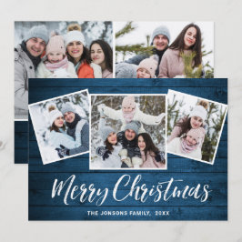 Tarjeta Festiva 5 Navidades de FOTO Saludo Rústico de Madera Azul