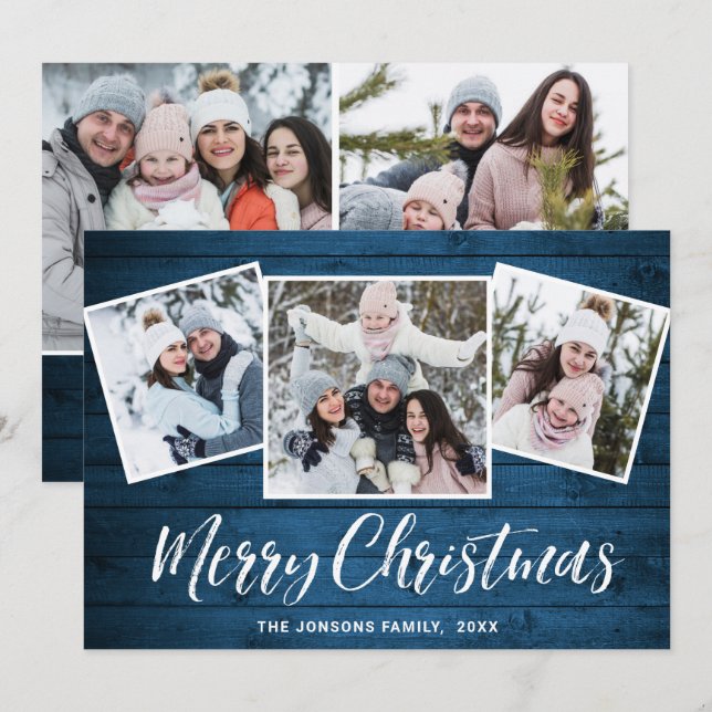 Tarjeta Festiva 5 Navidades de FOTO Saludo Rústico de Madera Azul (Anverso / Reverso)