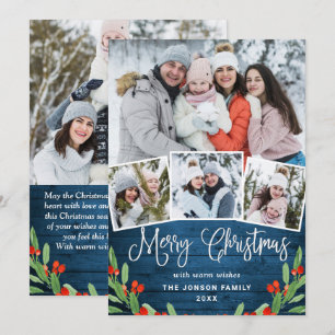Tarjeta Festiva 5 Navidades de FOTO Saludo Rústico de Madera Azul
