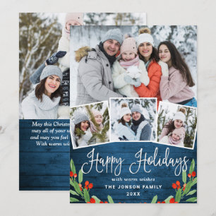 Tarjeta Festiva 5 Navidades de FOTO Saludo Rústico de Madera Azul