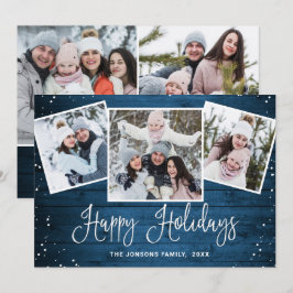 Tarjeta Festiva 5 Navidades de FOTO Saludo Rústico de Madera Azul