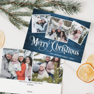 Tarjeta Festiva 5 Navidades de FOTO Saludo Rústico de Madera Azul