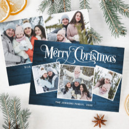 Tarjeta Festiva 5 Navidades de FOTO Saludo Rústico de Madera Azul