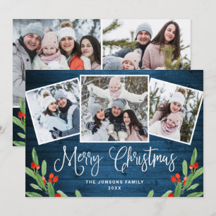Tarjeta Festiva 5 Navidades de FOTO Saludo Rústico de Madera Azul