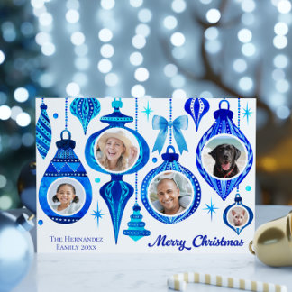 Tarjeta Festiva 5 Navidades fotográficos de la familia Baubles Blu