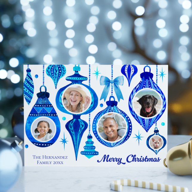 Tarjeta Festiva 5 Navidades fotográficos de la familia Baubles Blu (5 Photo Christmas Baubles Blue Watercolor Family Holiday Card)