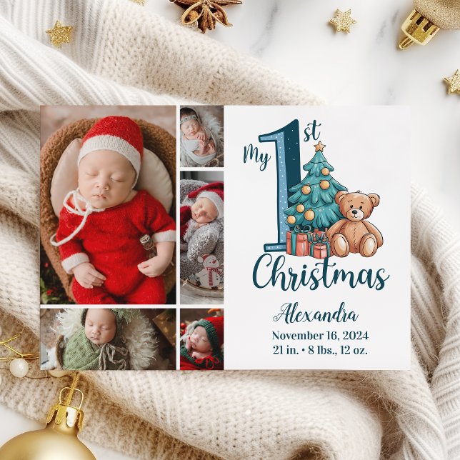 Tarjeta Festiva 5 Photo Blue Teddy Baby 1st Christmas (Subido por el creador)