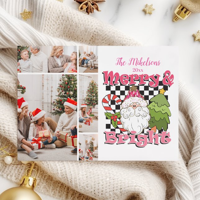 Tarjeta Festiva  5 Photo Checkered Merry & Bright Christmas (Subido por el creador)