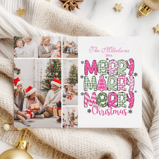 Tarjeta Festiva  5 Photo Pink Green Merry Christmas Holiday (Subido por el creador)