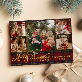 Tarjeta Festiva 5 photos Merry Christmas elegant script red plaid