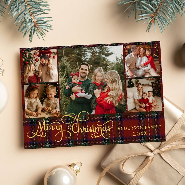 Tarjeta Festiva 5 photos Merry Christmas elegant script red plaid (Subido por el creador)