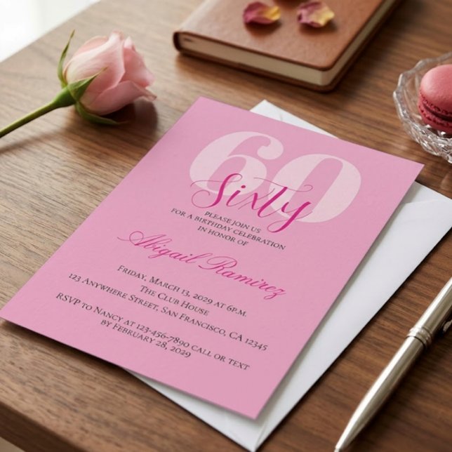 Tarjeta Festiva 60th Birthday Party Invitation Pink Photo Custom (Subido por el creador)