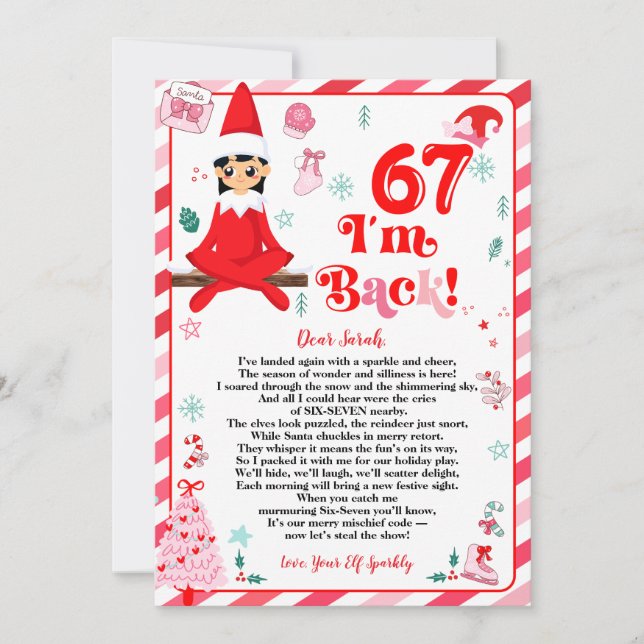 Tarjeta Festiva 6 7 elf arrival letter girl - funny elf letter 67 (Anverso)