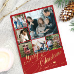 Tarjeta Festiva 6 collage de fotos Familia de guiones de Feliz Nav<br><div class="desc">Elegante y elegante escritura de caligrafía clásica de la Navidad Faux de la Feliz Navidad seis fotos familiares tarjeta de vacaciones roja con tu personalizado texto personalizado en ambos lados. OBSERVE que el color de fondo es modificable. Puede cambiarlo después de seleccionar la opción PERSONALIZAR debajo del menú PERSONALIZAR TI....</div>