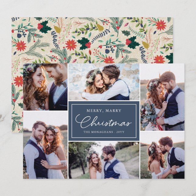 Tarjeta Festiva 6 Collage de fotos Newlyweds Merry Marry Blue (Anverso / Reverso)