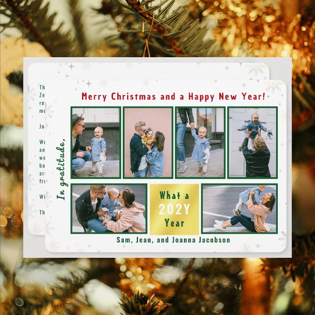 Tarjeta Festiva 6 Fotos Carta Collage Cute Elegante Personalizada (Merry Christmas & Happy New Year, In Gratitude, Modern Cute 6 Photos Collage What a Year Long Letter)