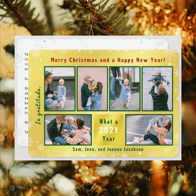 Tarjeta Festiva 6 fotos Collage Cute Elegante Oro Personalizado (Merry Christmas Happy New Year, In Gratitude, Golden Modern Cute 6 Photos Collage What a Year Letter)
