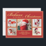 Tarjeta Festiva 6 fotos creen en Navidades familia mágica roja<br><div class="desc">Esta moderna tarjeta de saludo de vacaciones incluye 5 de sus retratos familiares favoritos de los Navidades, complementados con una elegante redacción que dice "Creer en la magia de los Navidades" sobre un fondo rojo festivo. Es personalizable con tu mensaje o nombre. Puede cargar una imagen más en el reverso...</div>