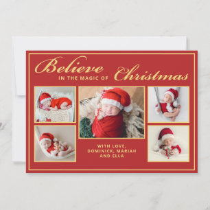 Tarjeta Festiva 6 fotos creen en Navidades familia mágica roja