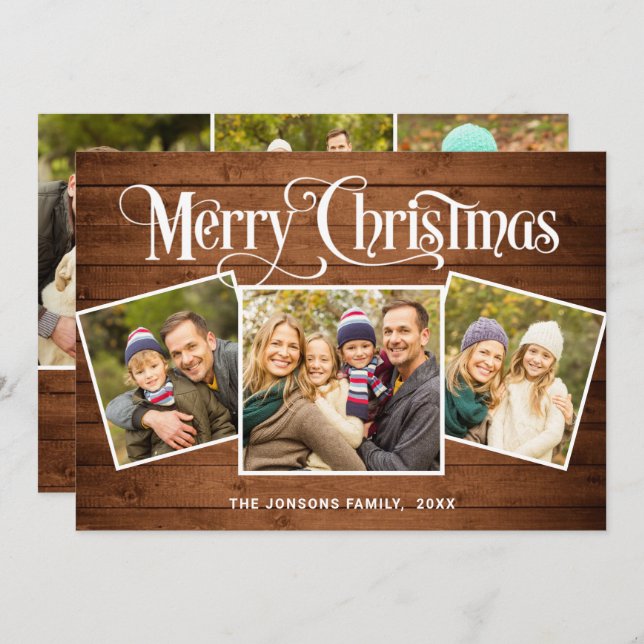 Tarjeta Festiva 6 Navidades de FOTO Saludo de madera marrón rústic (Anverso / Reverso)