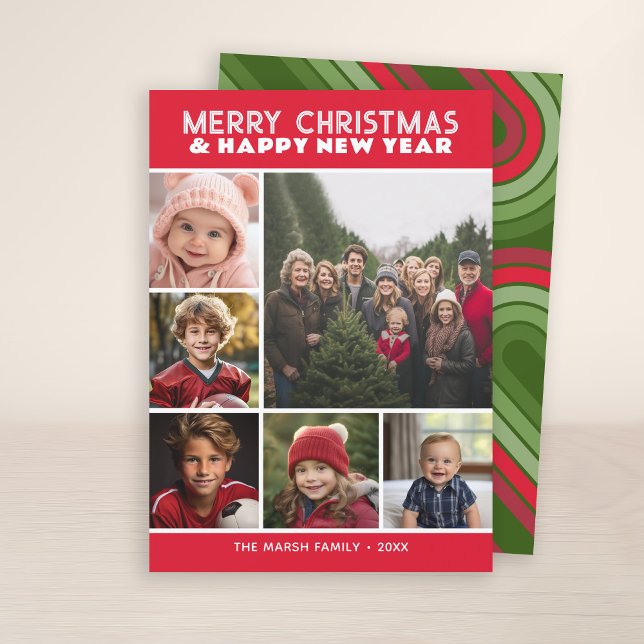 Tarjeta Festiva 6 Navidades de rayas fotográficas Red Peace and Lo (7 Photo Collage with Retro Stripes - Online Christmas Card - Print and Download Options)