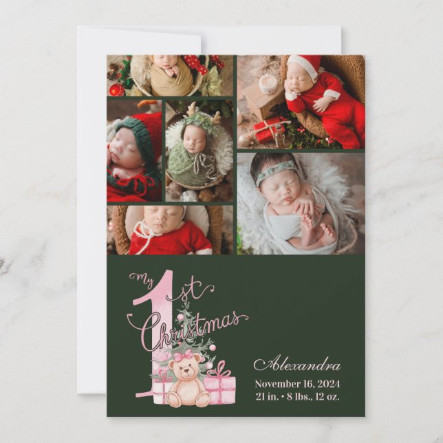 Tarjeta Festiva 6 Photo  Pink Green Baby First Christmas (Anverso)