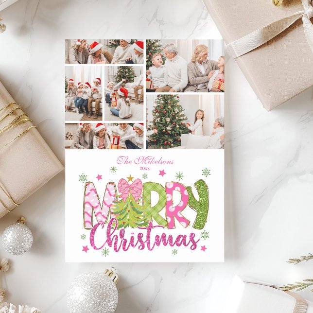 Tarjeta Festiva 6 Photo Pink Green Bow Tree Merry Christmas (Subido por el creador)