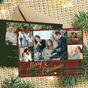 Tarjeta Festiva 7 fotos Merry Christmas escritura cuadros rojos y 