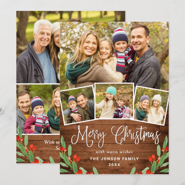 Tarjeta Festiva 7 Navidades de FOTO Saludo de madera marrón rústic (Anverso / Reverso)