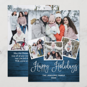 Tarjeta Festiva 7 Navidades de FOTO Saludo Rústico de Madera Azul