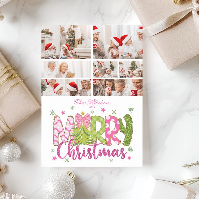 Tarjeta Festiva 7 Photo Pink Green Bow Tree Merry Christmas (Subido por el creador)