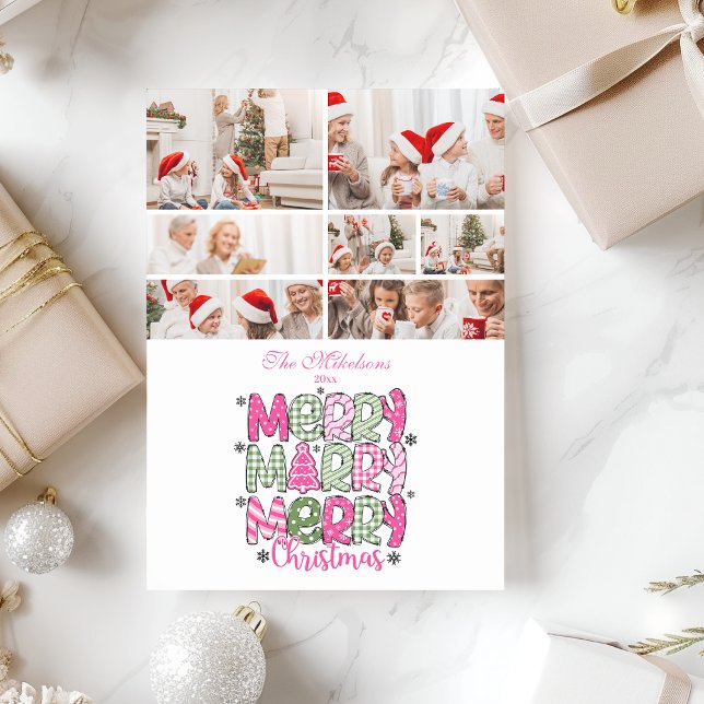 Tarjeta Festiva 7 Photo Pink Green Merry Christmas Holiday (Subido por el creador)