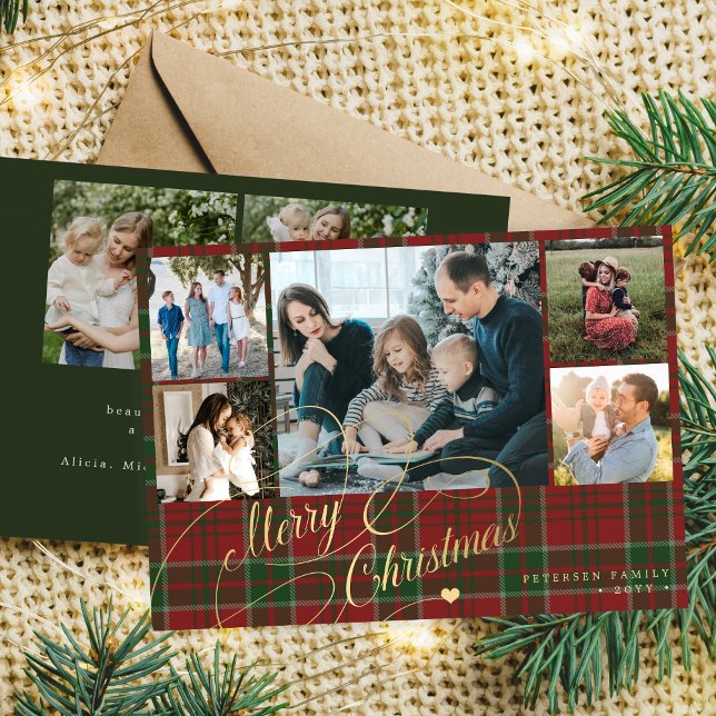 Tarjeta Festiva 7 photos Merry Christmas script red green plaid  (Subido por el creador)